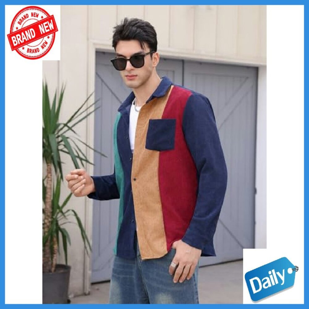 Men's Corduroy Button Down Long Sleeve Collar Shirt Pocket - Picture 7 of 8
